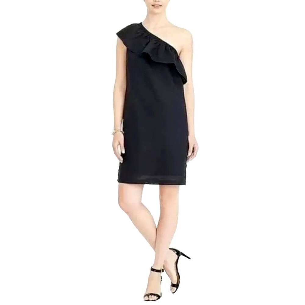 NWT J Crew Women's Dress XS Black One Shoulder Sheath Ruffled Linen Cotton Lined